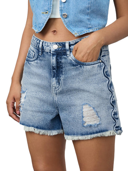 The Souled Store Denim Shorts: Cube Women and Girls Buttoned Blue Solid Cotton Denim Shorts