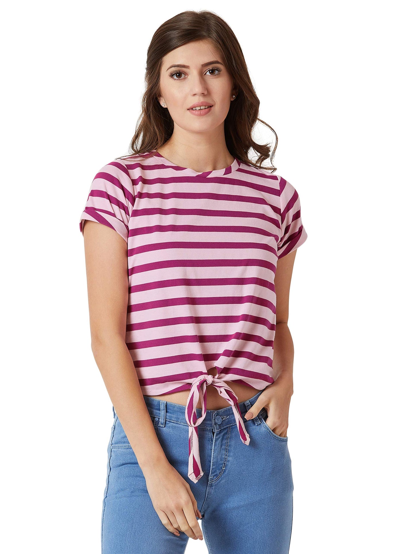 Miss Chase WomenS Multicolor Striped Waist Tie-Up Cotton Top(Mcss19Tp12-48-148-05,Multi-Coloured,Large)