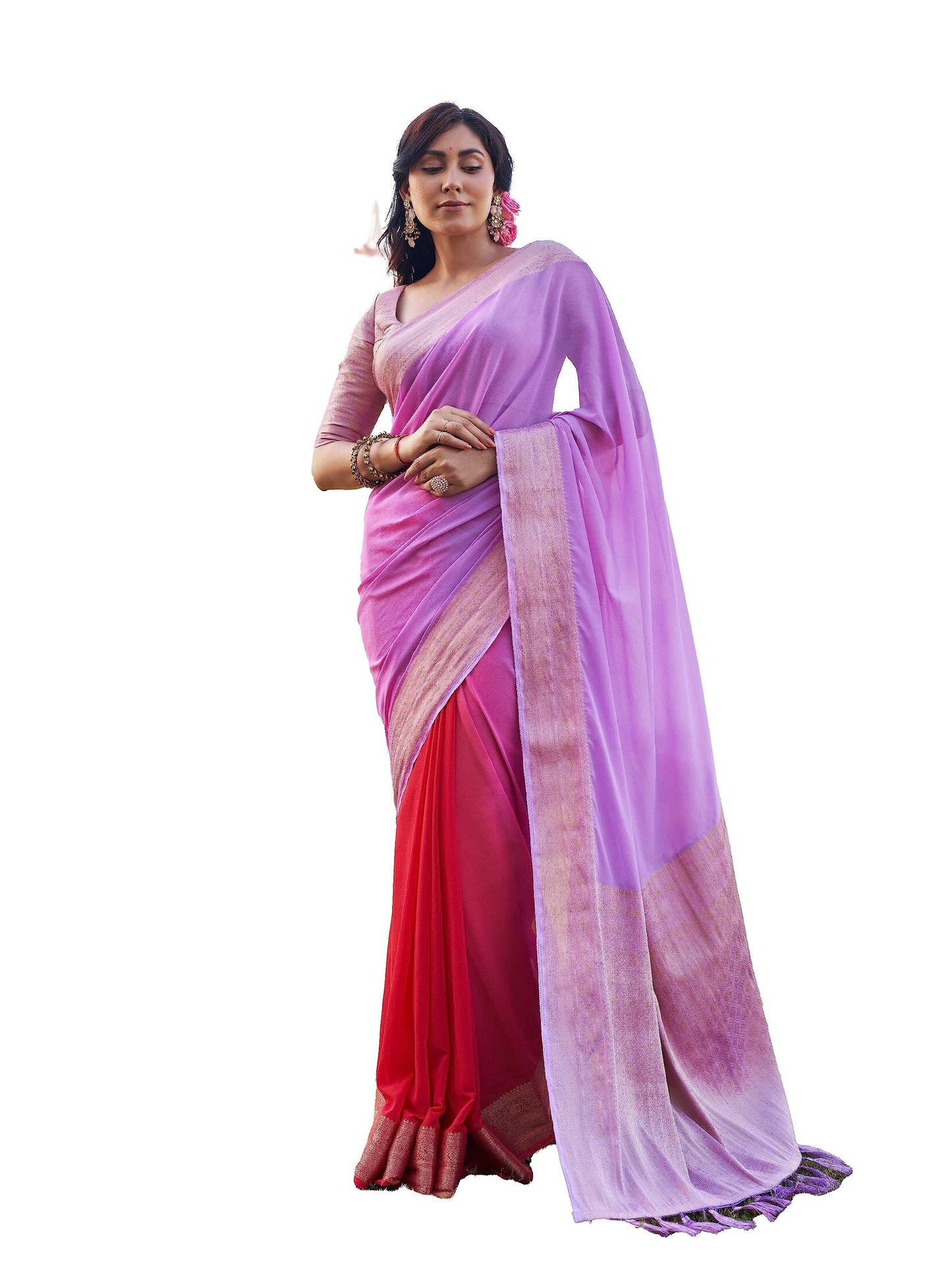 Vardha Womens Banarasi Georgette Half and Half Saree with Unstitched Blouse Piece - Gold Zari Woven Work Sarees for Wedding (ish