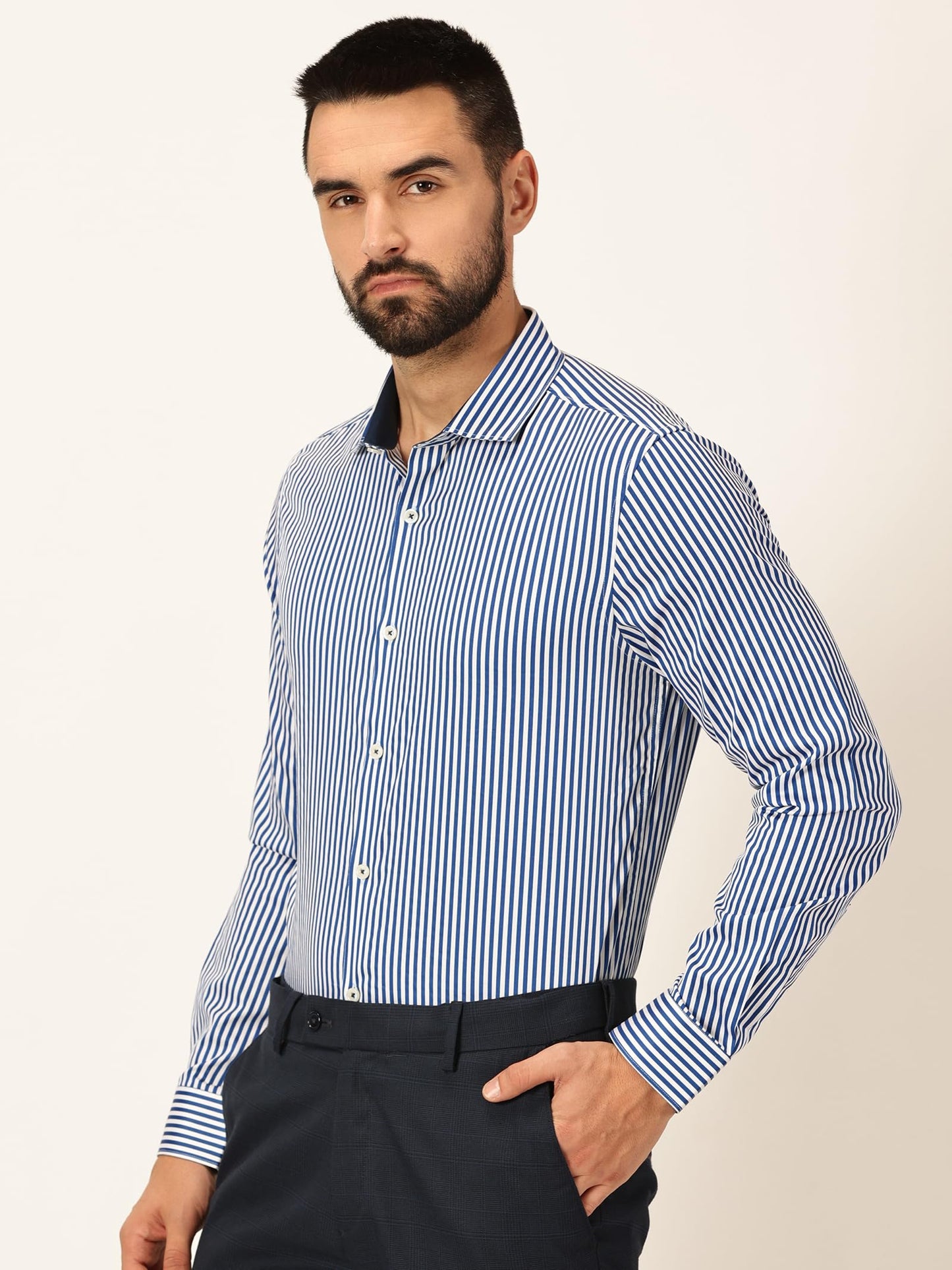 Thomas Scott 100% Cotton Strpes Slim Fit Formal Shirts for Mens Blue