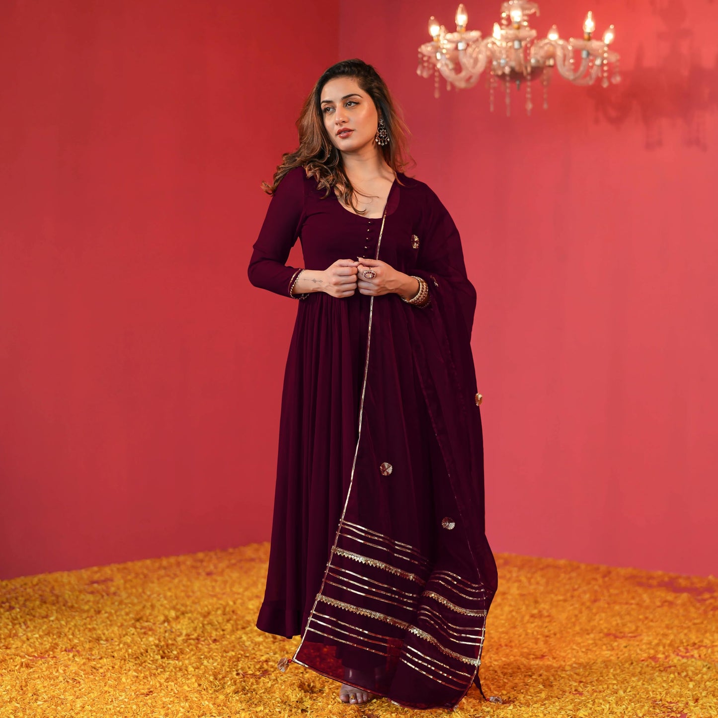 GoSriKi Women's Anarkali Kurta with Pants & Dupatta, Rayon Blend, Size 44, Wine, Model JAYNTI RED-GS