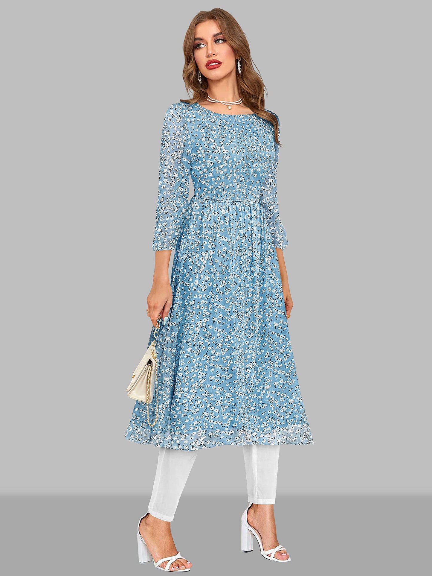 Toochki WomenS Sky Blue Georgette Floral Fit & Flared Regular Fit