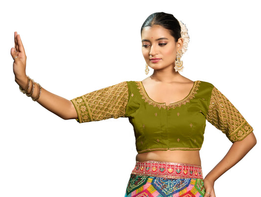 Pujia Mills WomenS Indian Ethnic Wear Designer Maggam With Zari Embroidery With Sequence Work Round Neck Half Sleeve Readymade