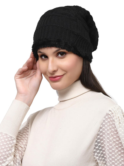 Weavers Villa Set of Snow Proof Inside Fur Acro Wool Unisex Beanie Cap Knit Hat Thick Fleece Lined Winter Cap and Gloves for Men