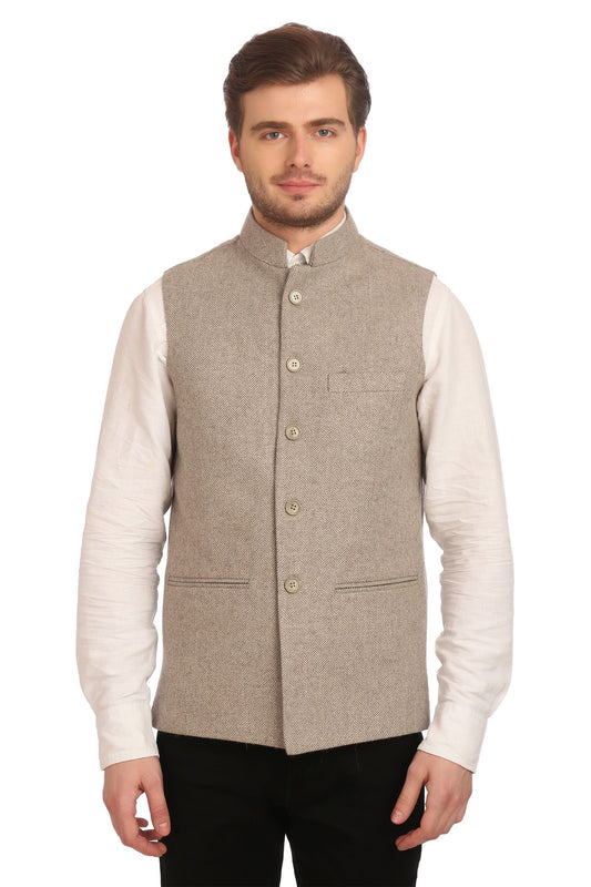 WINTAGE Mens Tweed Bandhgala Festive Nehru Jacket Waistcoat Beige