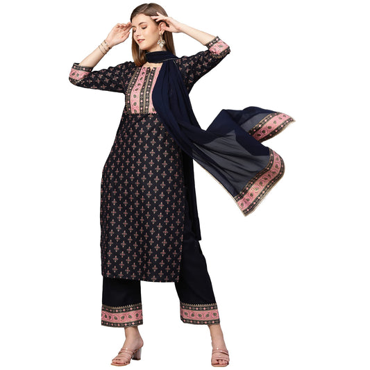 ANNI DESIGNER Women's Cotton Blend Straight Kurta with Palazzo & Dupatta (Deep)
