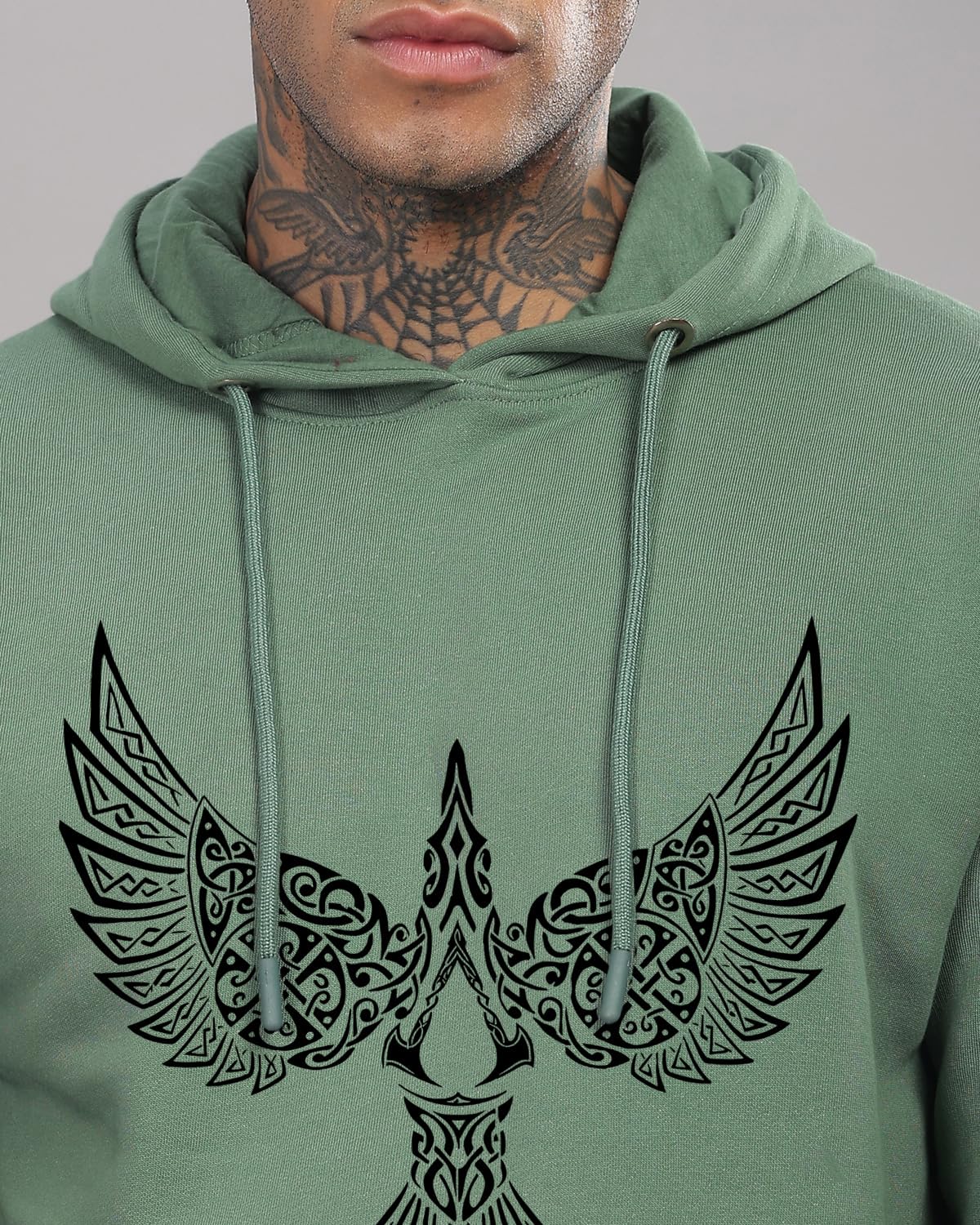 ADRO Men's Cotton Neck Hooded Sweatshirt (H24-BIRD-PT_Pista