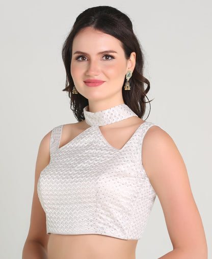 Pujia Mills WomanS Readymade Sleeveless White Blouse Halter Neck With String Pattern Backless Ethnic Wear Pattern Choli Blouse