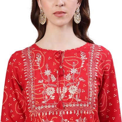 ishin Women's Red Bandhani Embroidered Straight Kurta Sharara Dupattta Set