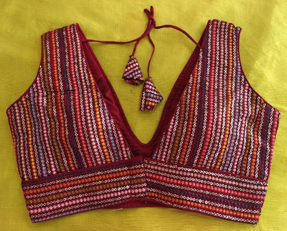 Vihu Fashion Womens Sleeveless Readymade sabyasachi Pattern V Neck Blouse Embroidery Work with Sequence Blouse Indian Ethnic we