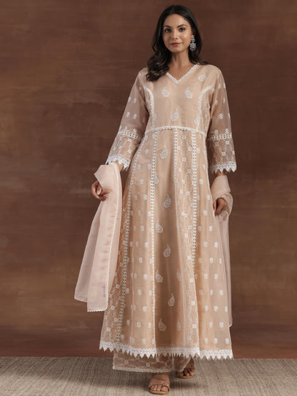 Libas Womens Embroidered Organza A-Line Kurta With Palazzos And Dupatta