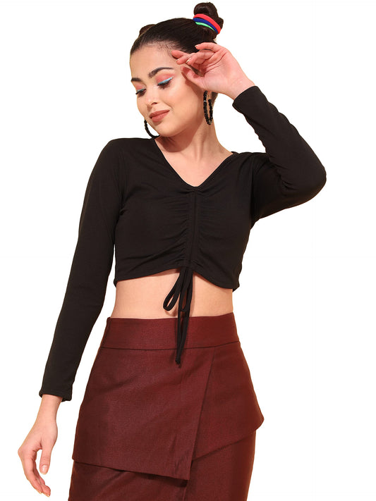 OOMPH! V Neck Crop Tops for Women, Black - mt499