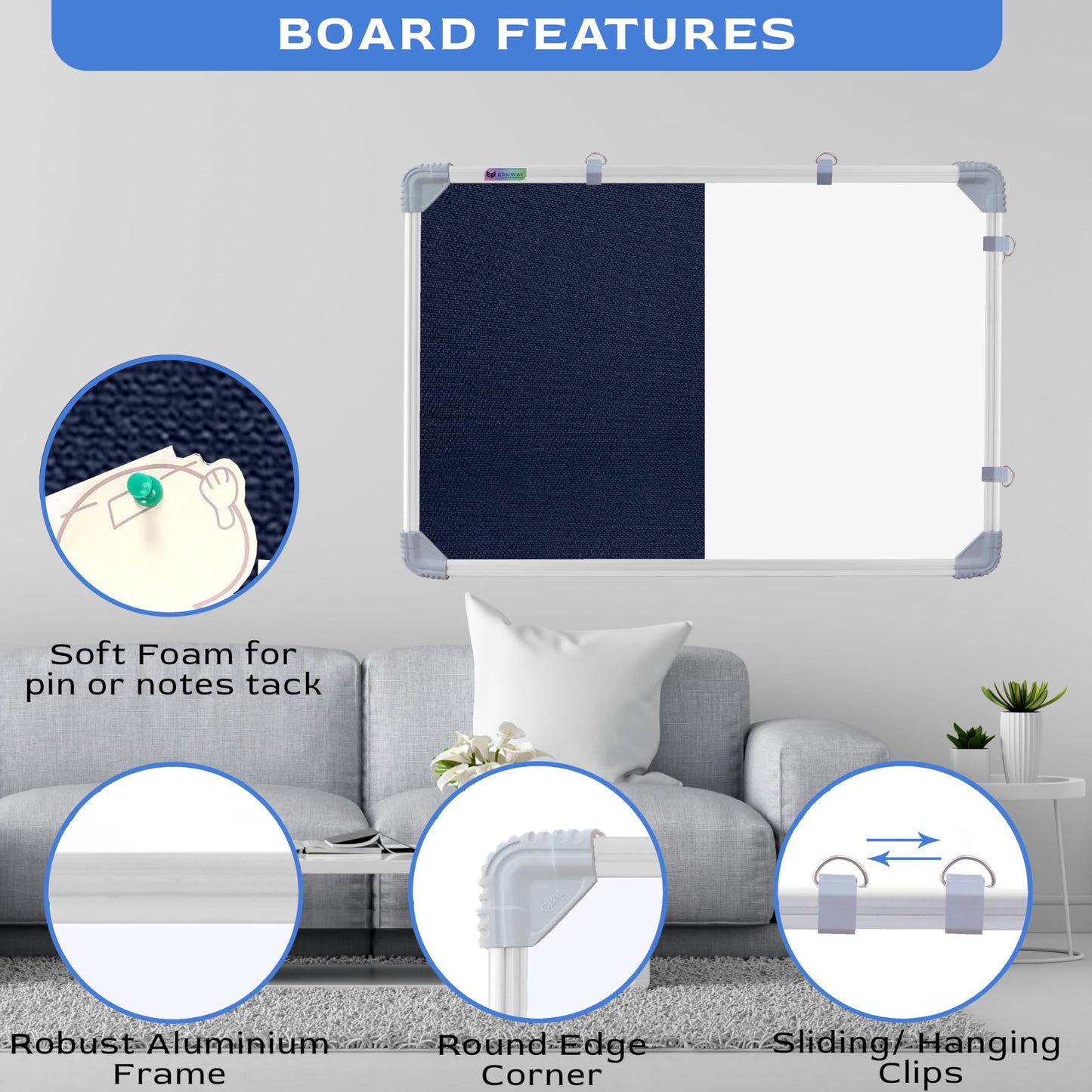 Eduway Combination Board 2X2 Feet (Non-Magnetic White Board With Blue Pin-Up Notice Board) With Push Pins For Home, Office & Sch