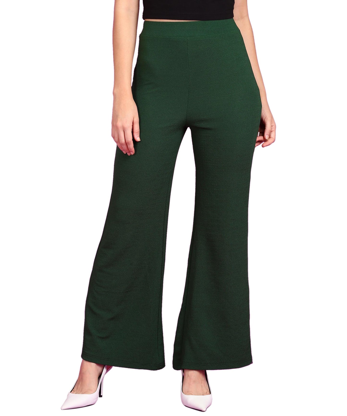 POPWINGS Casual High-Waist Flared Trousers for Women | High-Rise Flared Trousers for Formal Office Wear - Dark Green
