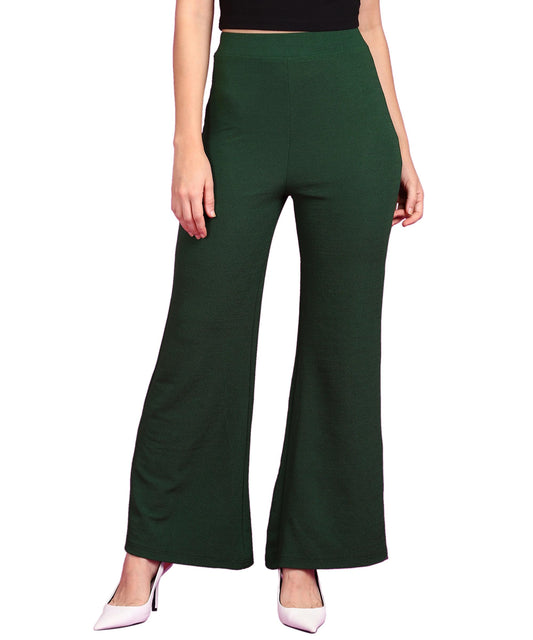 POPWINGS Casual High-Waist Flared Trousers for Women | High-Rise Flared Trousers for Formal Office Wear - Dark Green