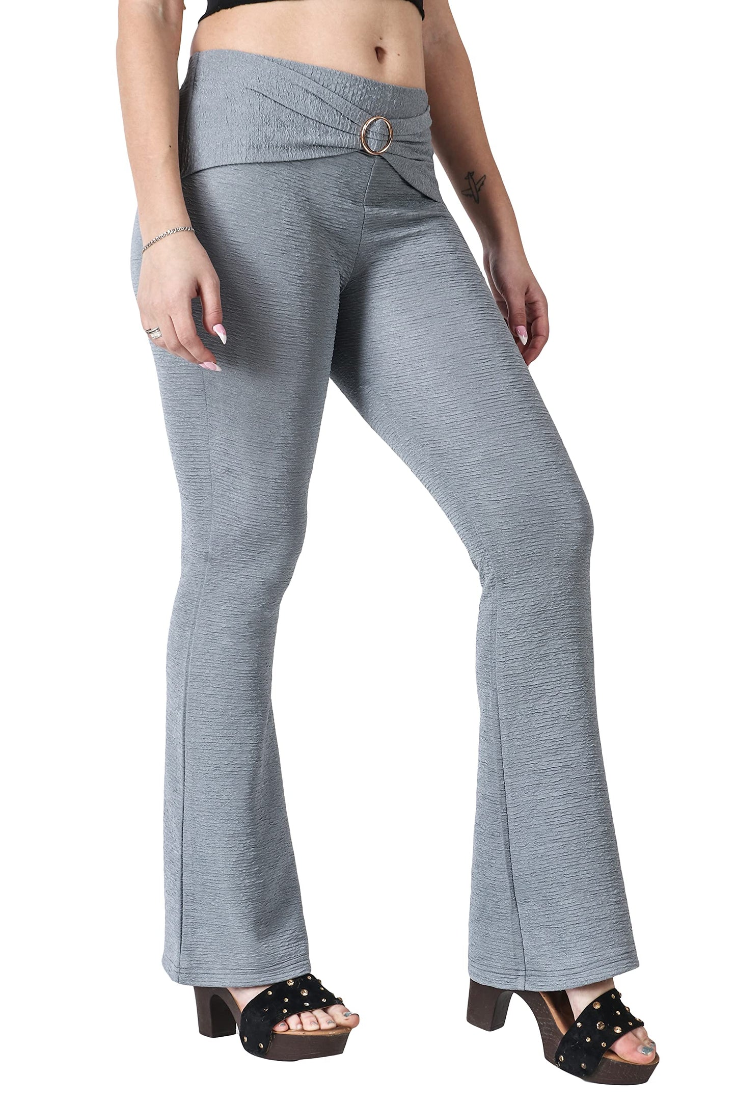 POPWINGS Solid Full-Length Polyester Regular-Fit Casual Bootcut Trouser Pants for Women for Casual Wear Grey