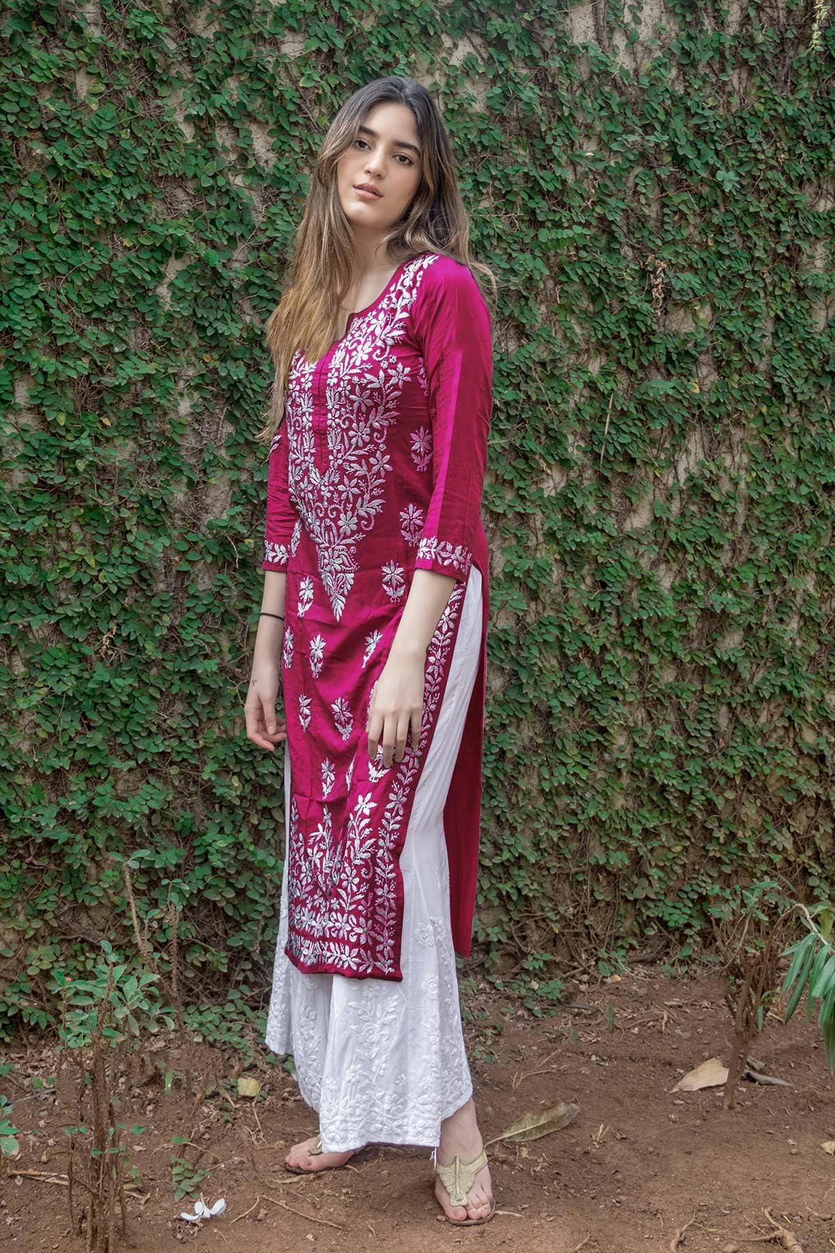 GoSriKi Ladies Rayon Blend Chikankari Kurta, 4X-Large, Pink, Model Victoria Purple-GS