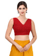 OOMPH! Womens Indian Ethnic Wear Designer Leaf Pattern V Neck Sleeveless Cotton Red Blouse for Saree or Lehnga and BlousePalazz