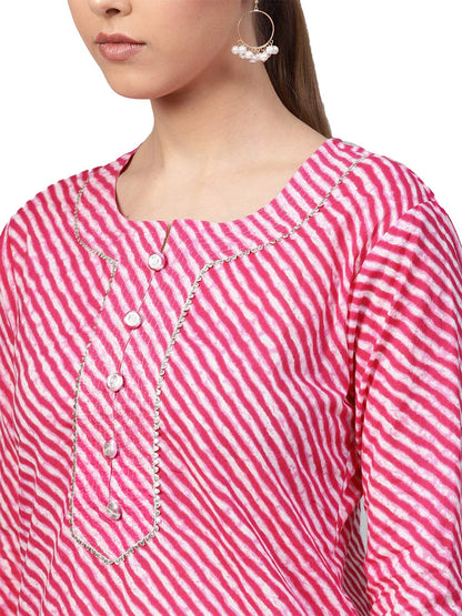 ishin Women's Cotton Blend A-Line Printed Gotta Patti Striped Print Pink Kurta Suit Set with Sharara