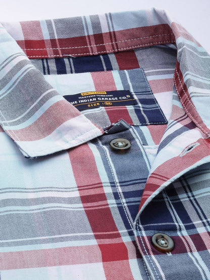 The Indian Garage Co Men Blue Checkered Regular Fit Cotton Casual Over Shirt