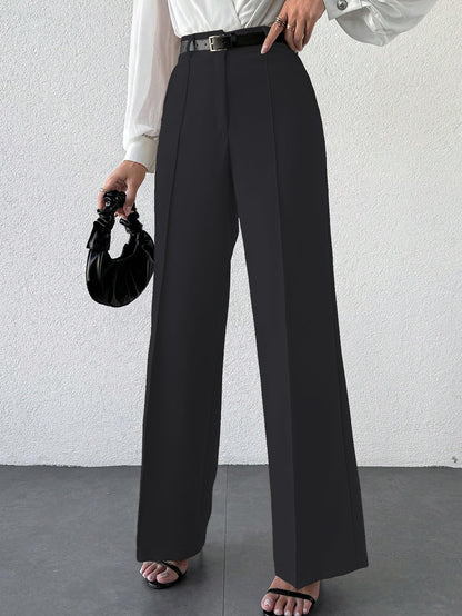 Shasmi Womens Solid Black Color High Waist, Wide Straight-Leg Loose Fit, Front Button Closure, Simple Daily Casual Long Pants w