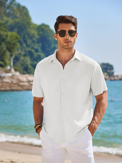 CB-COLEBROOK Mens Waffle Knit Textured Button-Down Wrinkle Free Casual Shirts, Short Sleeves, Summer Beach Tops (in, Alpha, XL,