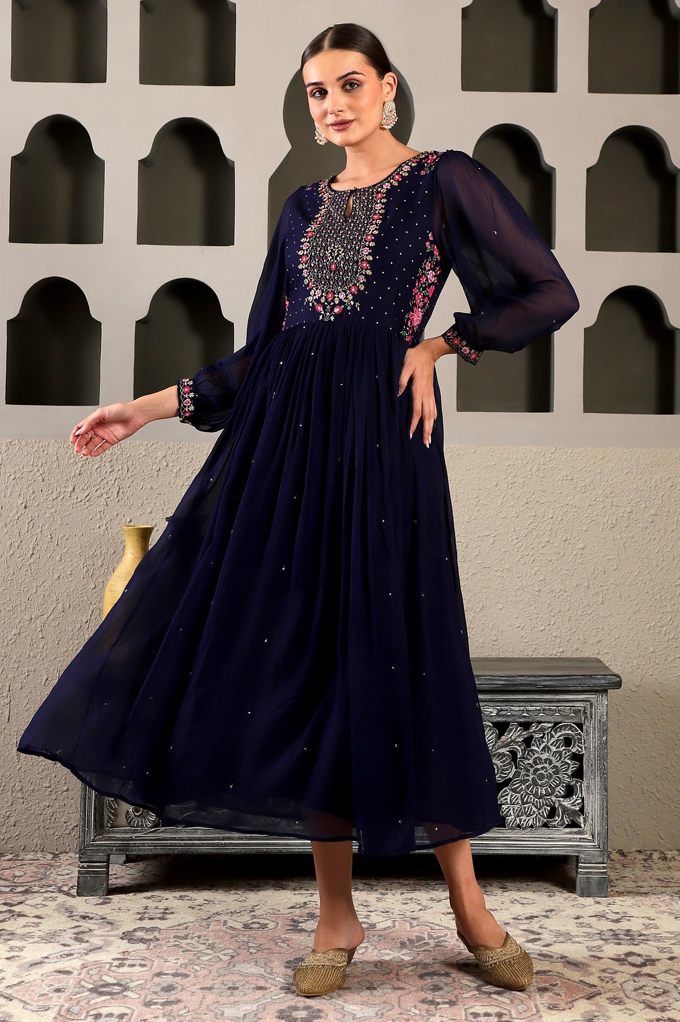 W Blue Floral Printed Synthetic Maxi Dress With Sequins For Women