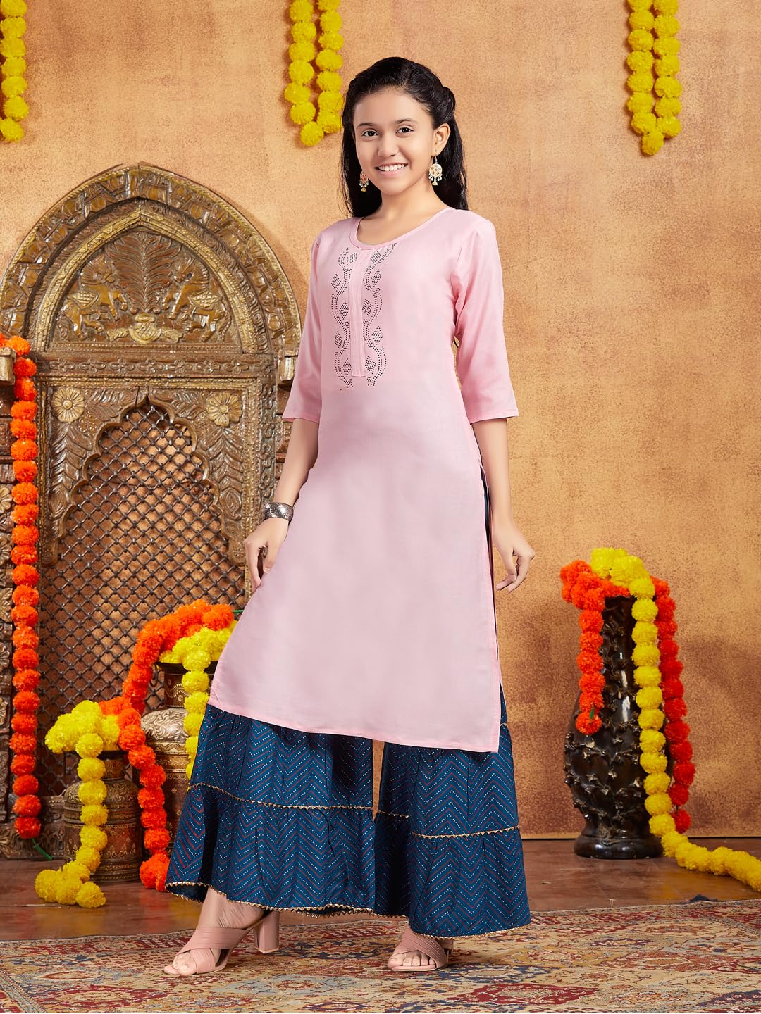 Aarika Girls Casual Wear Pink Colour Embellished Cotton Kurti (9-16 Years)