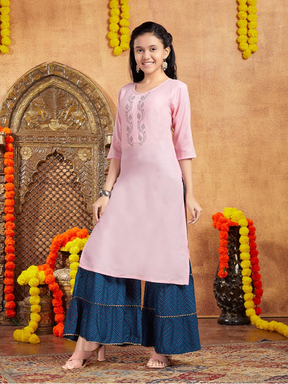 Aarika Girls Casual Wear Pink Colour Embellished Cotton Kurti (9-16 Years)