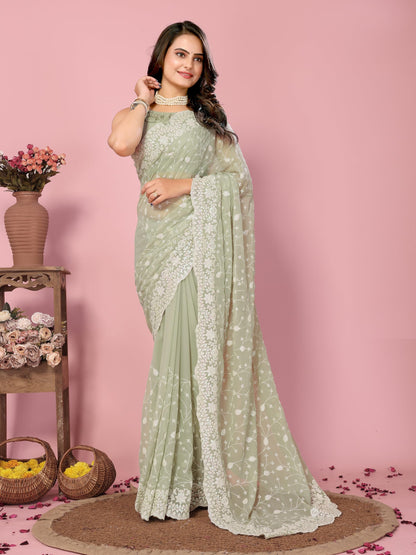 Vairagee Women Soft Georgette Emroidery Saree With Sequence Work Unstitched Blouse (6246)