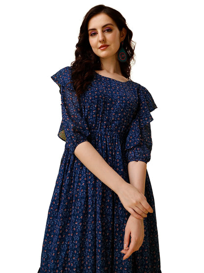Fashion2Wear WomenS Georgette Midi Dress With Round Neck Floral Printed A Line Style Knee Length 3/4Th Puff Sleeves And Regular