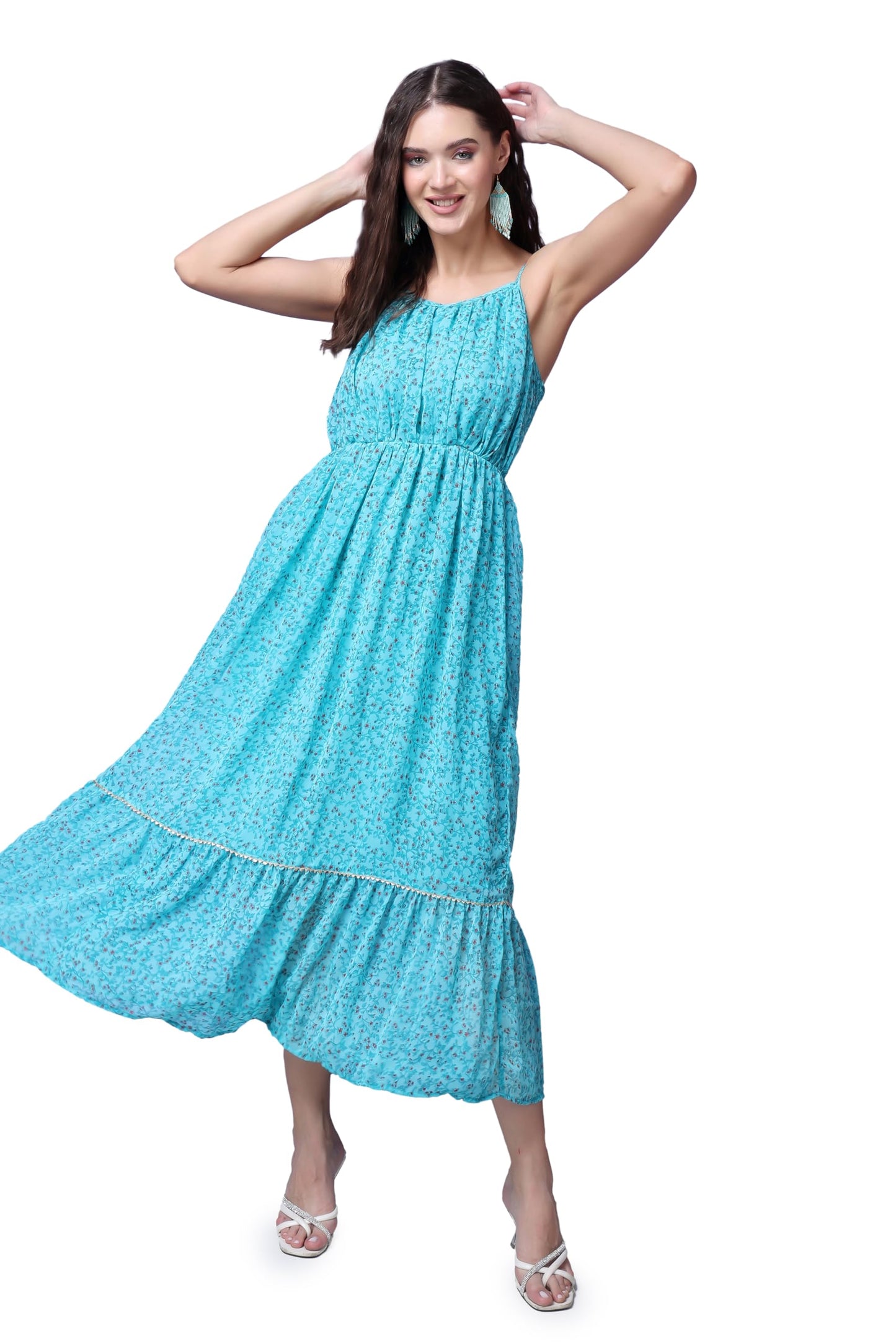 Popwings Casual Georgette Flare Maxi Dress For Women | Sleeveless Long Printed Stylish Dress Aqua Blue