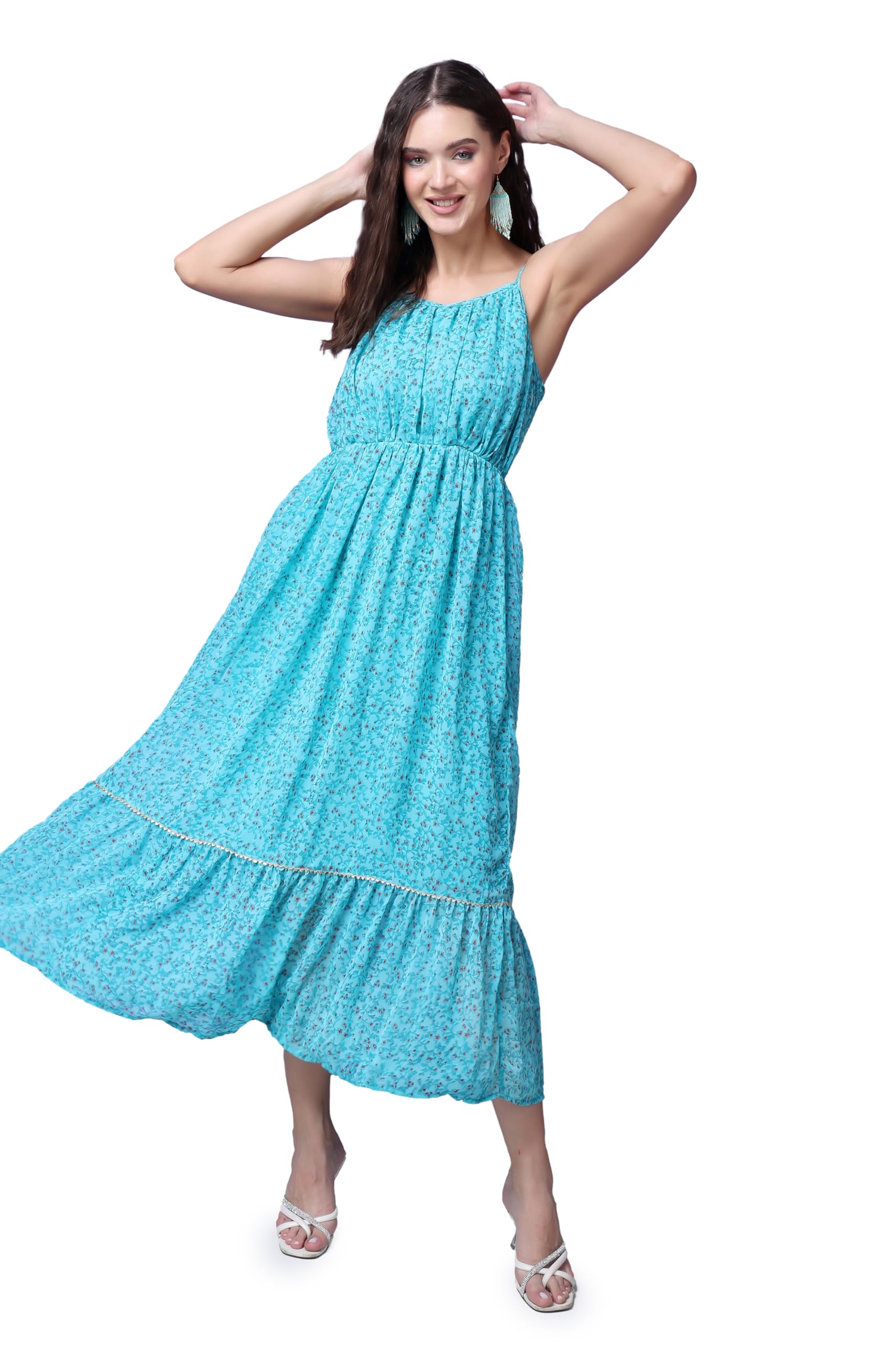 Popwings Casual Georgette Flare Maxi Dress For Women | Sleeveless Long Printed Stylish Dress Aqua Blue