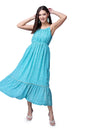 Popwings Casual Georgette Flare Maxi Dress For Women | Sleeveless Long Printed Stylish Dress Aqua Blue