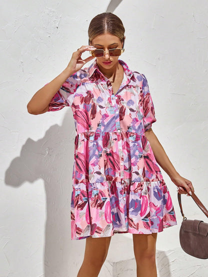 Shasmi WomenS Purple Flower Print Short Sleeve Button Front All-Over Printed Dresses, Ruffle Hem Smock Dress For Woman (161 Dre