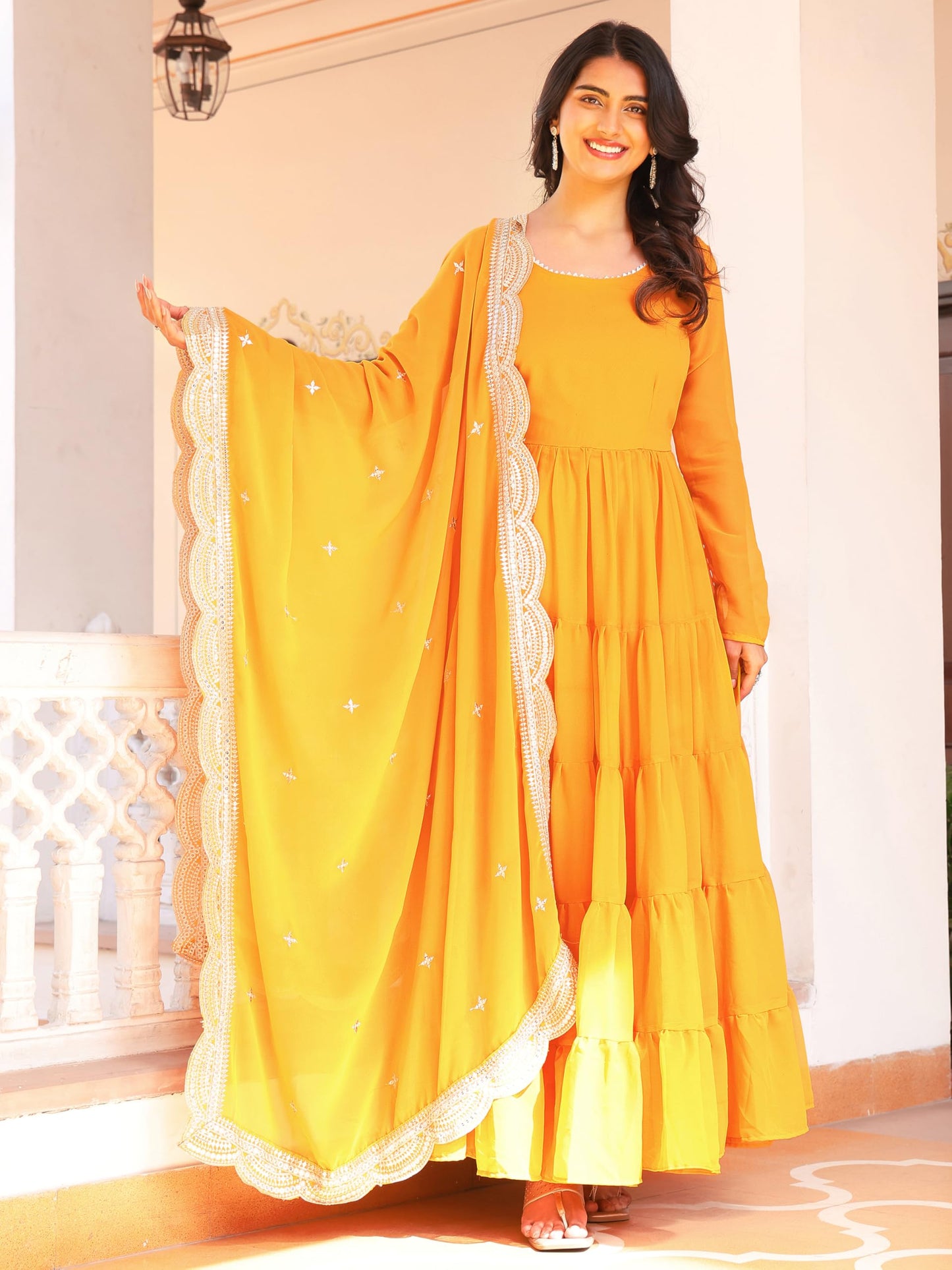 Fashion Basket WomenS Georgette Solid Anarkali Dress Yellow