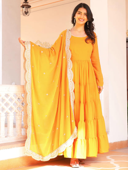 Fashion Basket WomenS Georgette Solid Anarkali Dress Yellow