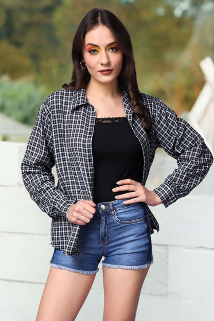 POPWINGS Casual Checks Print Shirt for Women | Cotton Full-Sleeves Women Shirt | Summer Shirt for Women | Stylish Shirt for Wome