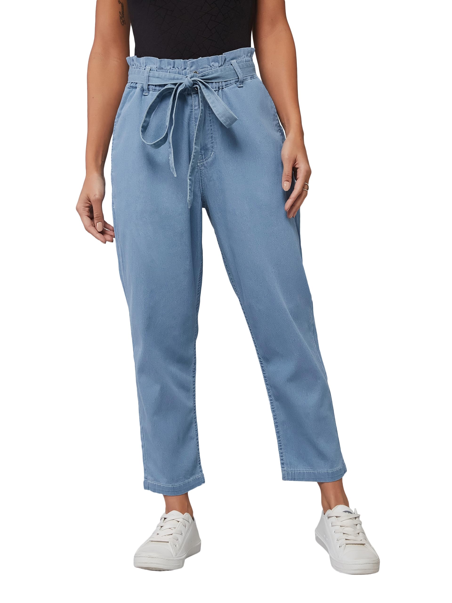 Dolce Crudo WomenS Paperbag High Rise Clean Look Regular Stretchable Denim Jeans (Doss24Den98-99-158-32, Light Blue, 32)
