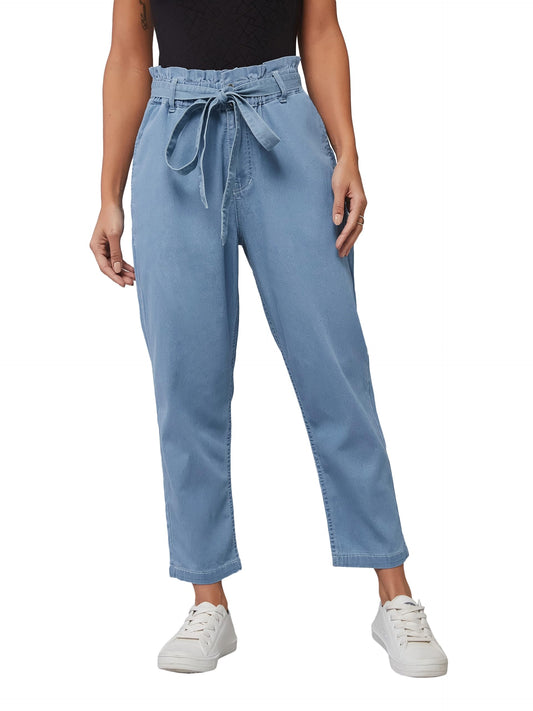 Dolce Crudo WomenS Paperbag High Rise Clean Look Regular Stretchable Denim Jeans (Doss24Den98-99-158-32, Light Blue, 32)