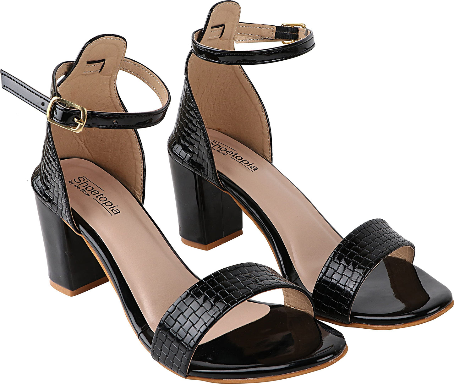 Shoetopia Womens/Girls Black Woven Design Block Heels Sandals
