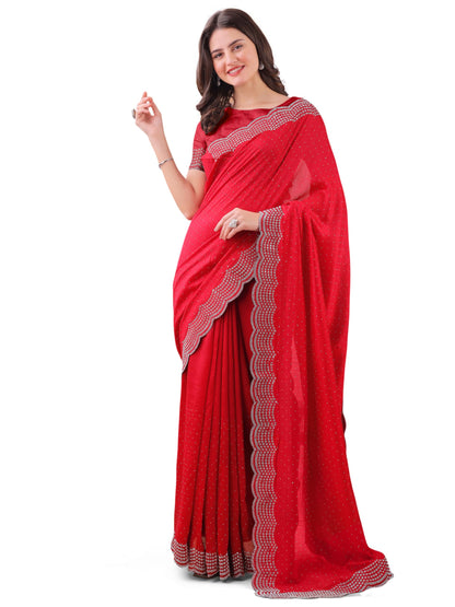 Dhyey Fashion WomenS Chiffon Saree With Unstitched Blouse Piece With Stone Work And Sparkle | Sari For Women Chiffon Saree | Sp