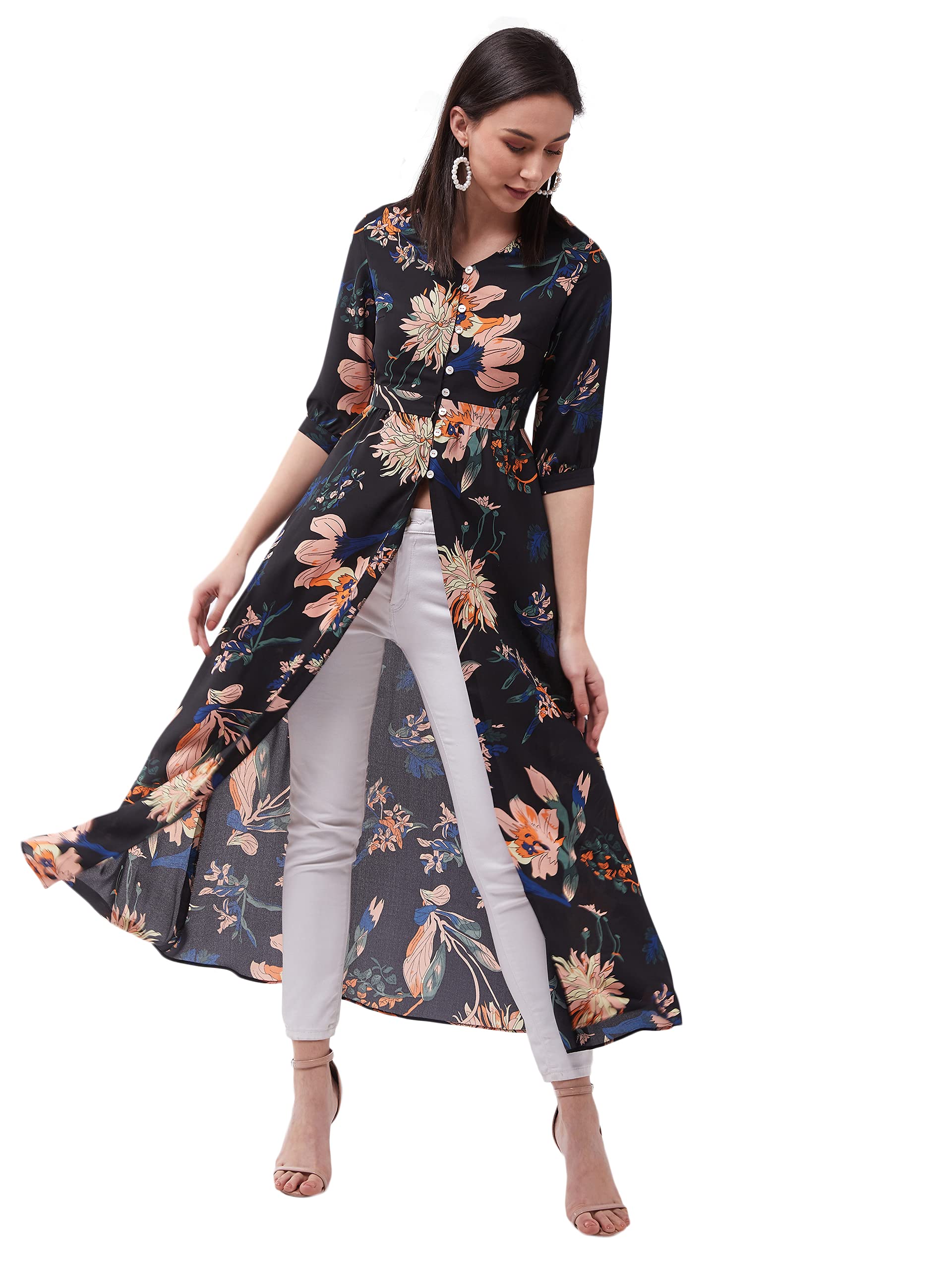 Miss Chase WomenS Multicolor Floral Printed Polyester Regular Fit V Neck 3/4 Sleeve Maxi Top (Mcss21Tp12-83-171-07_Multicolor_X