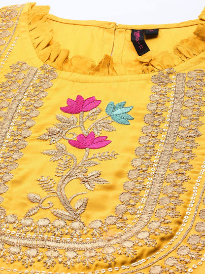 ishin Women's Yellow Embroidered Straight Kurta set With Sharara And Dupatta