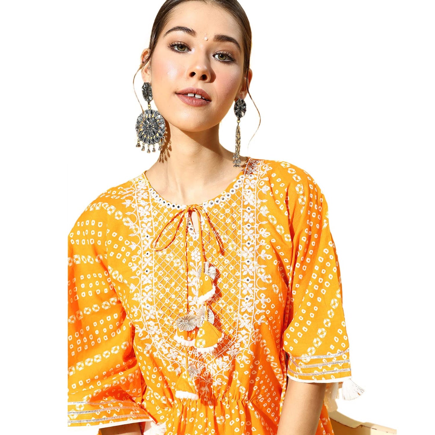 ishin Women's Pure Cotton Kaftan Embroidered Zari Bandhani print Yellow Kurta suit set with Trouser