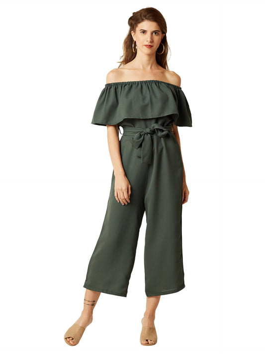 Miss Chase WomenS Green Off-Shoulder Tie-Up Midi Jumpsuit