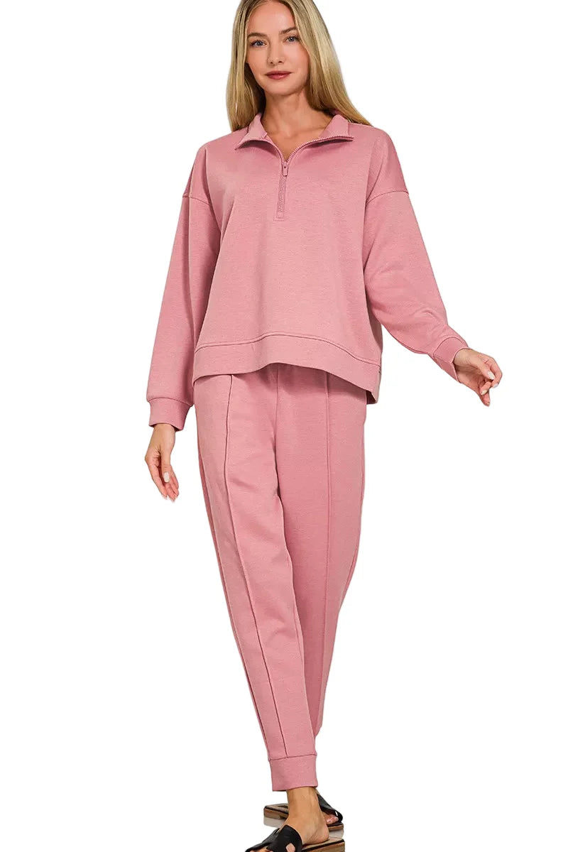 Zenana Scuba Half Zip Pullover and Jogger Set