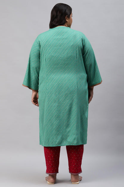 W for Woman Pop Green Printed Festive Full Placket Plus Size Kurta