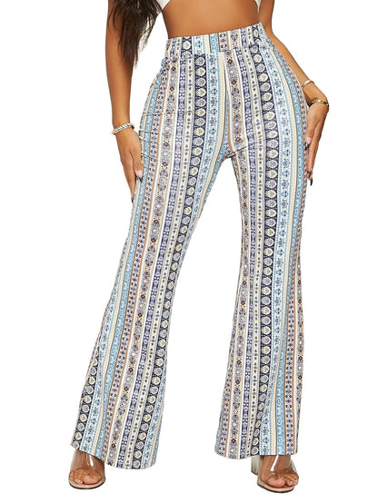 Shasmi Womens & Girls Sky Blue Geo Print Dress Pants Stretchy Work Slacks Business Casual Office Bell-Bottom/Boot-Cut Elastic W
