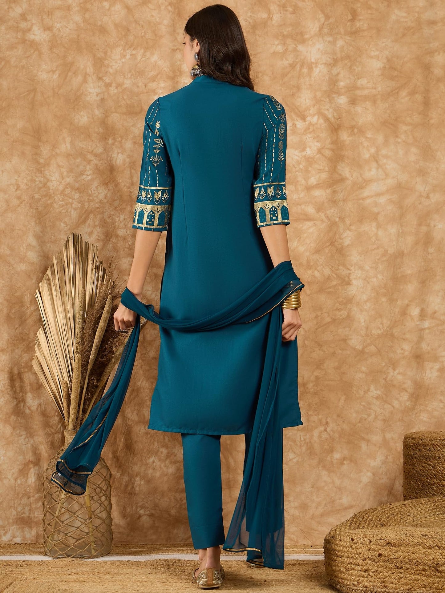 ZIYAA Women Women's Teal Blue Rayon Kurta, Pant And Dupatta Set